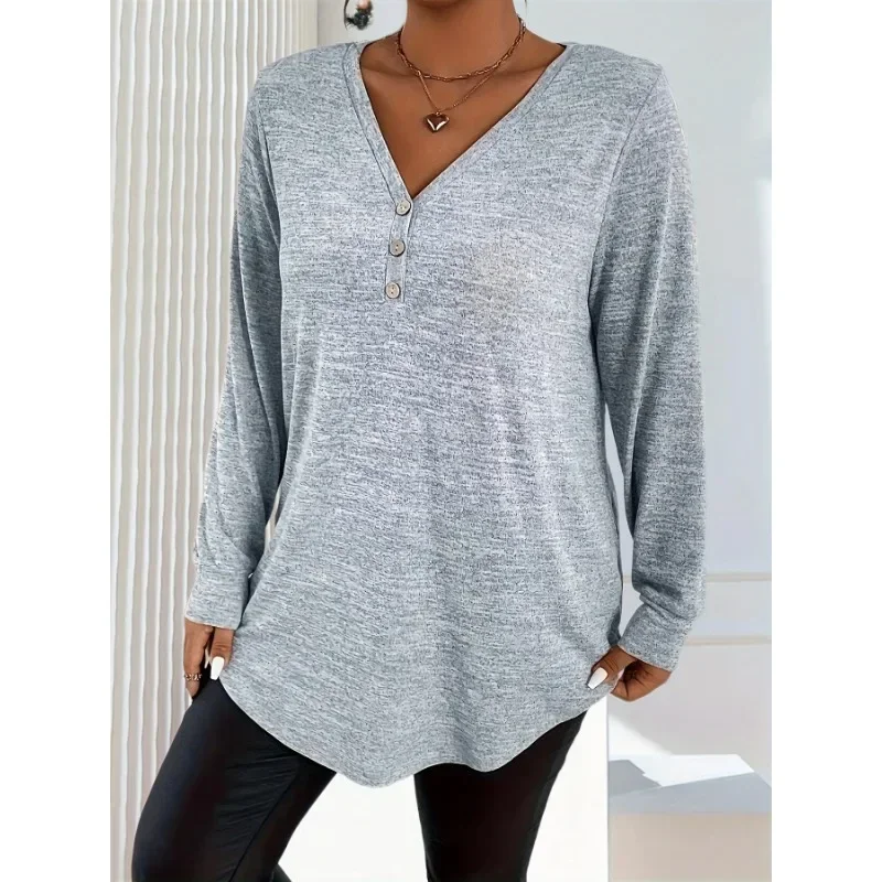 

Плюс размер 1XL-5XL, модная женская однотонная удобная футболка с v-образным вырезом на пуговицах и длинными рукавами, подходящая для поездок на работу