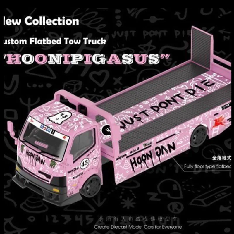mega-gear-1-64-custom-full-drop-flatbed-tow-truck-modified-pink-dinosaur-livery-alloy-diecast-model-car-for-collection-display