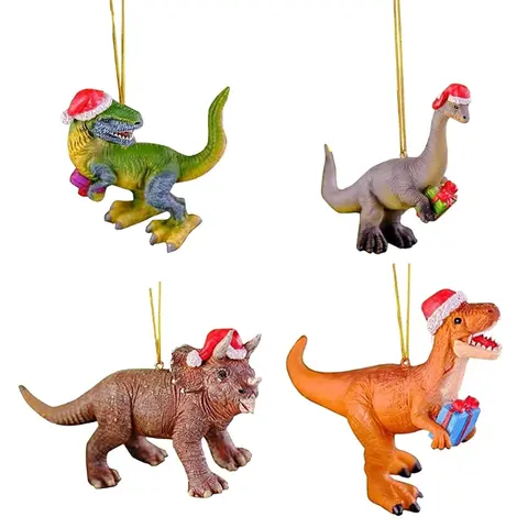 Christmas Tree Hanging Ornaments Dinosaur in Christmas Hat Figurine Decorations