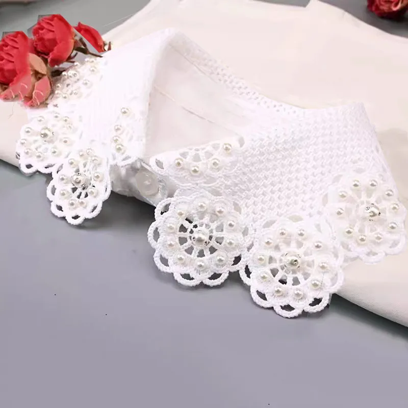 

New Beading Fake Collar Shirt White Chiffon Detachable Collar Fake Women False Collars Woman For Ladies Sweater Half Shirt Tie