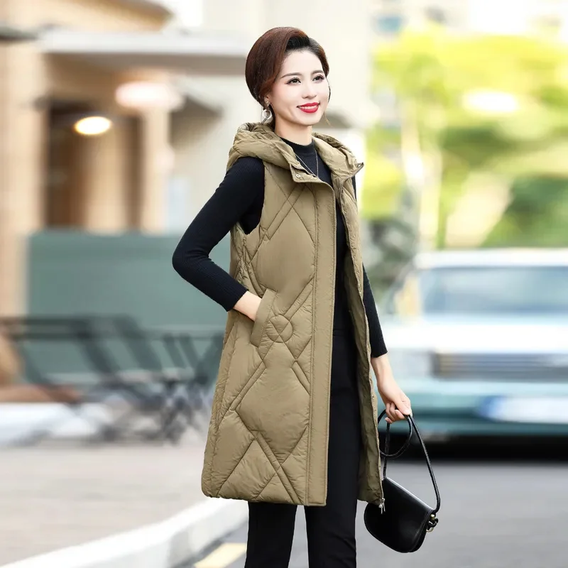 

Autumn Winter New Down Cotton Vest Women Parka Thicke Warm Sleeveless Hooded Vest Jacket Outwear Middle aged Female Waistcoats