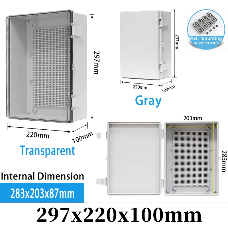 

IP66 Outdoor Electronic Instrument Hinge Case Gray/Transparent Cover Enclosure ABS Plastic Waterproof Juction Box 297x220x100mm