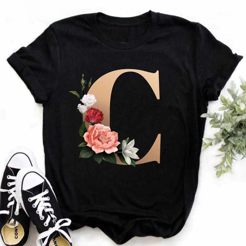 A B C D E English Alphabet Print T Shirt Women New Summer Couples Lovers Female T-Shirt Harajuku Casual Black Tops Tshirts