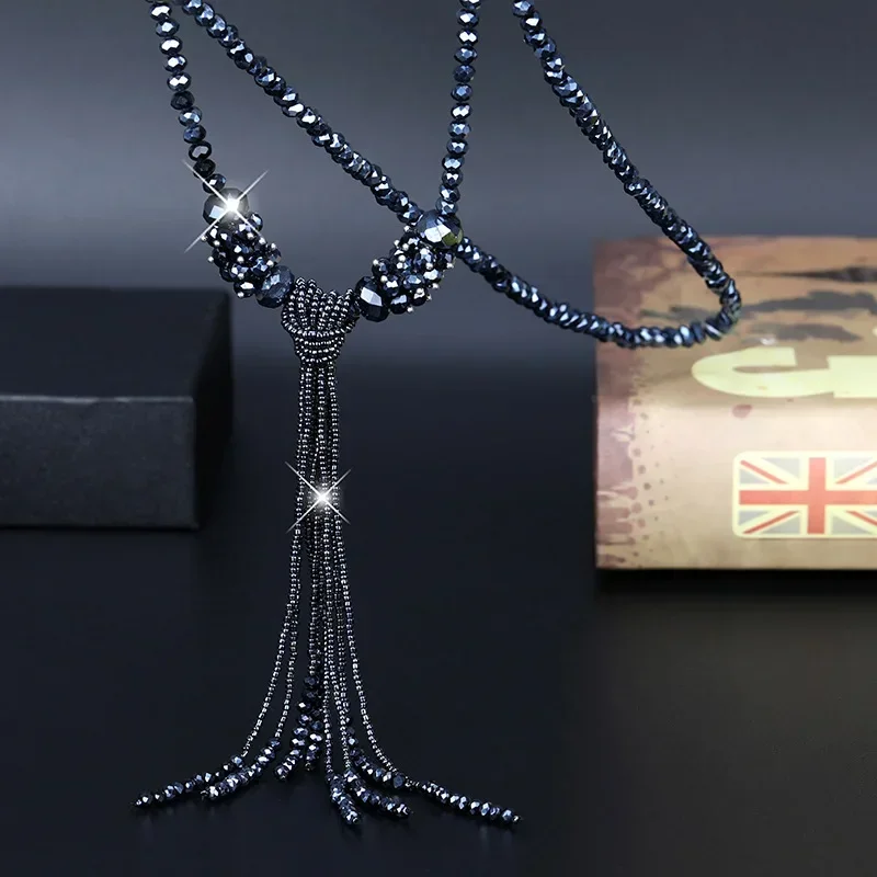 Korean All Glass Crystal Sweater Chain Long Tassel Necklace for Women Girls BlingBling Trendy Jewelry