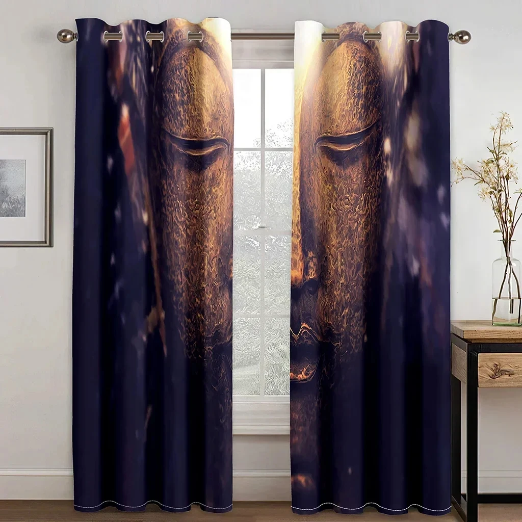 Stone Indian Buddha Statue Zen Lotus Cheap 2 Pieces Thin Window Curtains for Living Room Bedroom Decor Two Drape