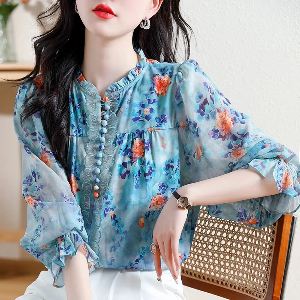 M-3XL SizeHot selling new Korean version high-end and thin style with a slimming temperament printed lantern long sleeved shirt