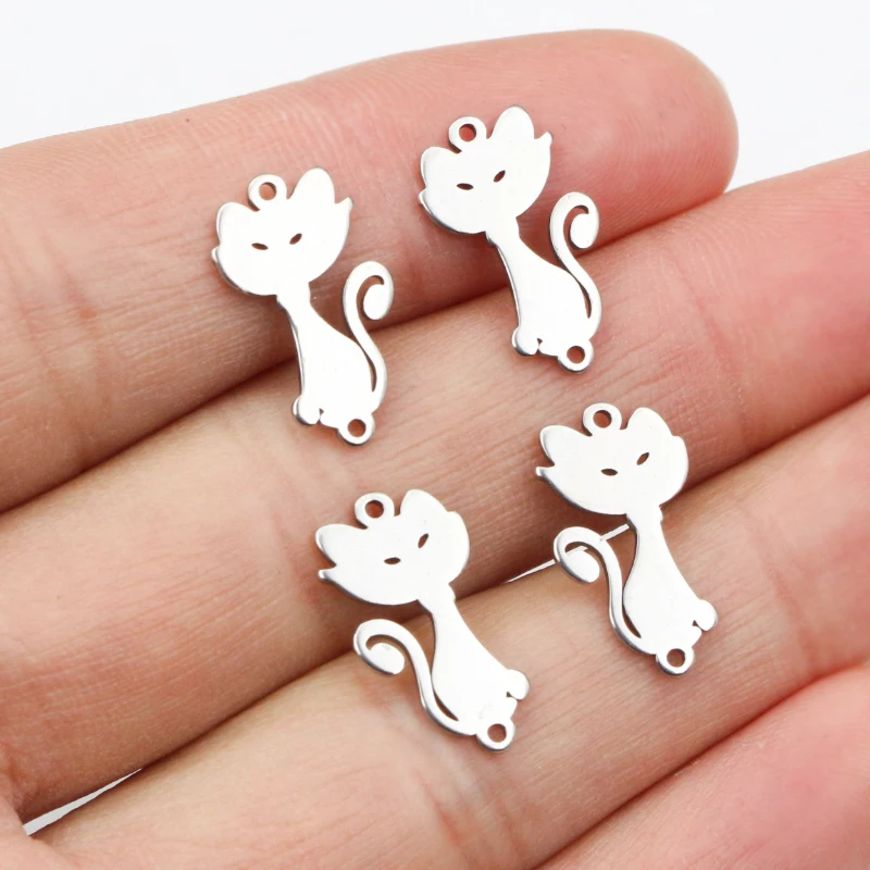 20pcs 17x9mm No Fade 316 Stainless Steel Double Loops Cat Charms Pendant DIY Jewelry Findings Connector for Necklace Bracelet