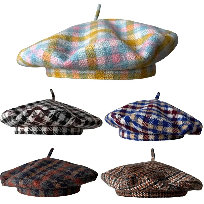 Autumn Winter British Color Plaid Flying Saucer Hat for Women Autumn Style Versatile Retro Checked Beret Fashion Painter Cap