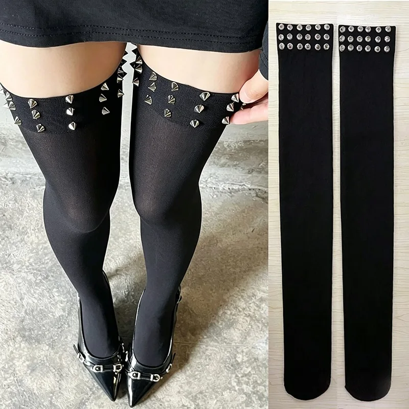 

Fashionable Punk Elastic Black Knee High Spike Rivet Decoration Border Subculture Y2K Streetwear Knee High Socks Long Tube Socks