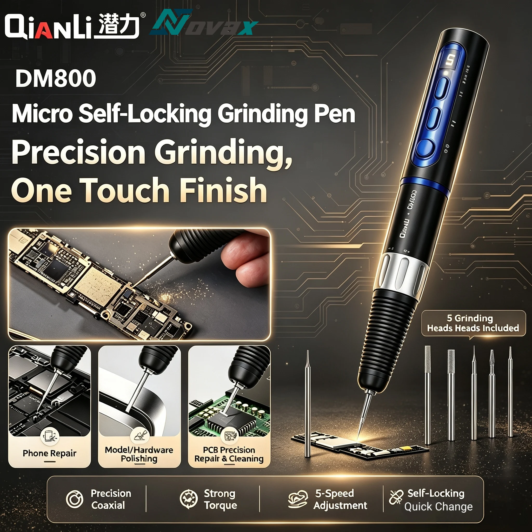 QIANLI DM800 Micro Self Locking Electric Grinding Pen, 5-speed 16000R/min, Mobile Phone Motherboard IC Chip Repair Tool