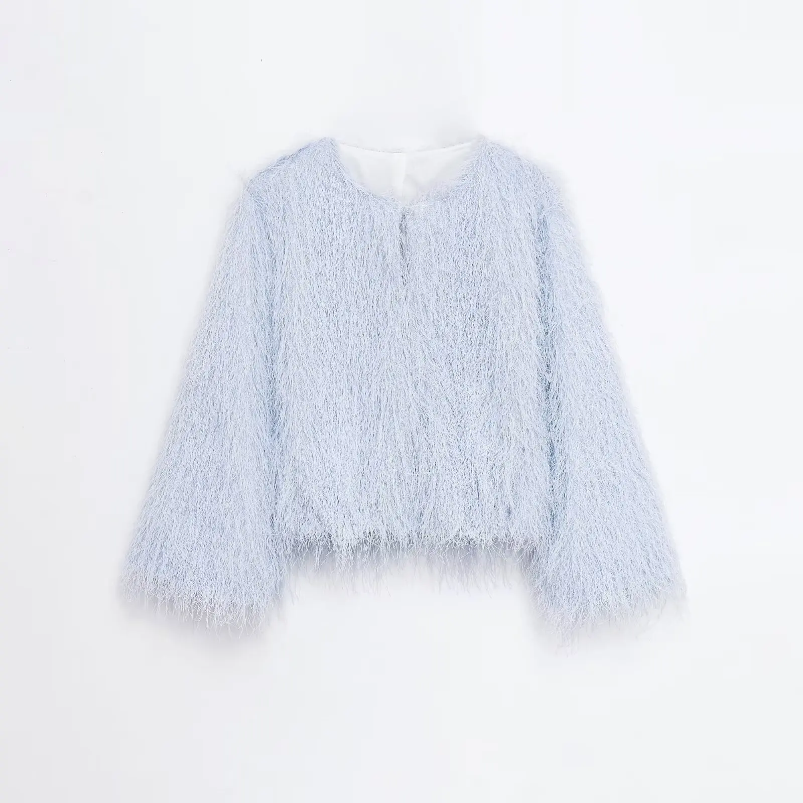 

Deconstructed Fluffy Cropped Jacket with Long Fringe Women Y2K Futuristic Loose Fit Fashion Outerwear Street Style Short Coat