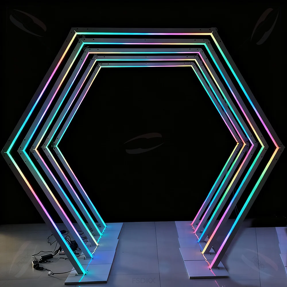 

FSDKX RGB Light Hexagon Metal Arch Gate Geometry Walkway Backdrop Stand for Wedding Party Decoration