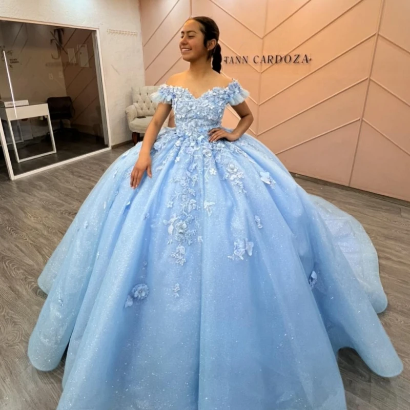 

Sky Blue Shiny Quinceanera Dresses Off The Shoulder Applique Beading Bow Tull Party Birthday Ball Gown Vestidos De 15 Anos Sweet