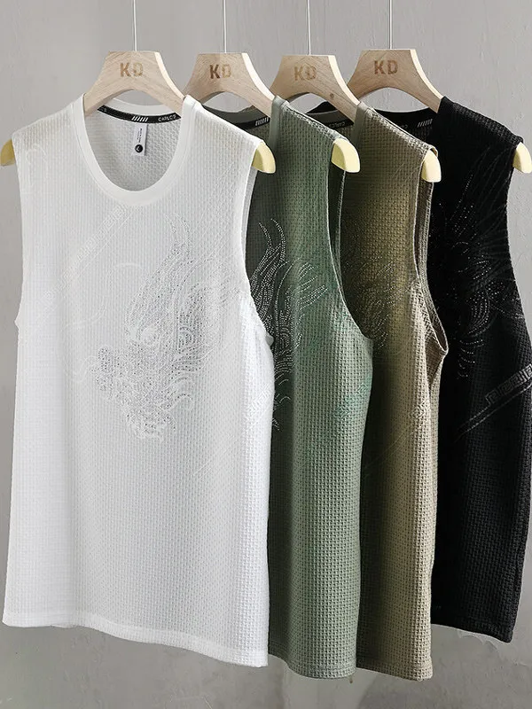 قميص رجالي جديد لعام 2025 بدون أكمام من الحرير الجليدي برقبة مستديرة مطبوع رقيق وخفيف يمتص الرطوبة أنيق للصيف ملابس كاجوال #5