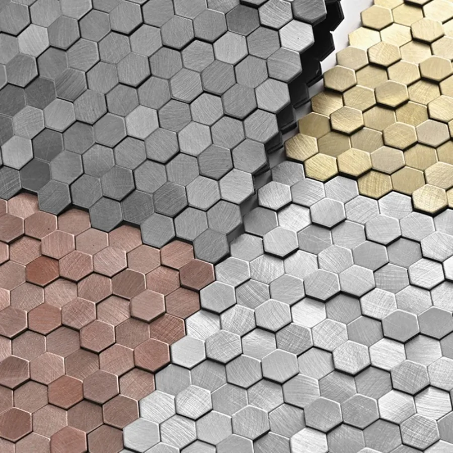 Mosaico de pared de acero inoxidable y Metal de lujo, mosaico de baño 3D, azulejo, mosaico hexagonal de aluminio, pegatina de pared de fondo autoadhesiva