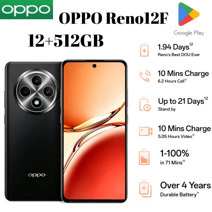 2026 New Stock Unlocked OPPO Reno12 F 5G Smartphone 12GB+256GB Expandable RAM 6.67 Inch 120Hz HDR AMOLED Display 4500mAh Battery