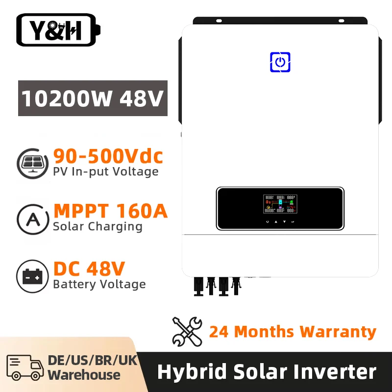 Y&H 10.2/6.2KW Hybrid Solar Inverter MPPT On/Off-Grid Inverter 48V 220V Pure Sine Wave 160/120A Charge Controller Dual AC Output