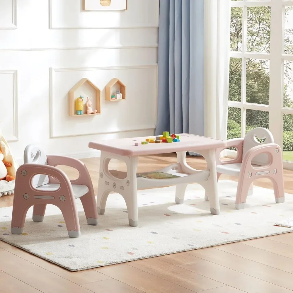 Kids Table and Chair Set, Plastic Children Activity Table with 2 Chairs, Toddler Table and Chair Set for Reading, Drawing