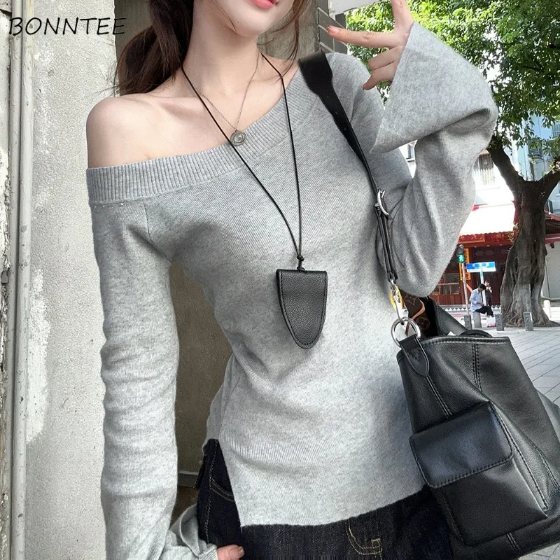 Pullovers Women Diagonal Collar Knitted Autumn Off-shoulder Sweaters Chic Sweet Spicy Girls All-match Solid Trendy Ins Mujer