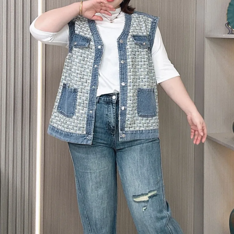 Plus Size Chic Denim Vest Jacket Women 2024 Spring And Autumn New Loose Casual Sleeveless Coat