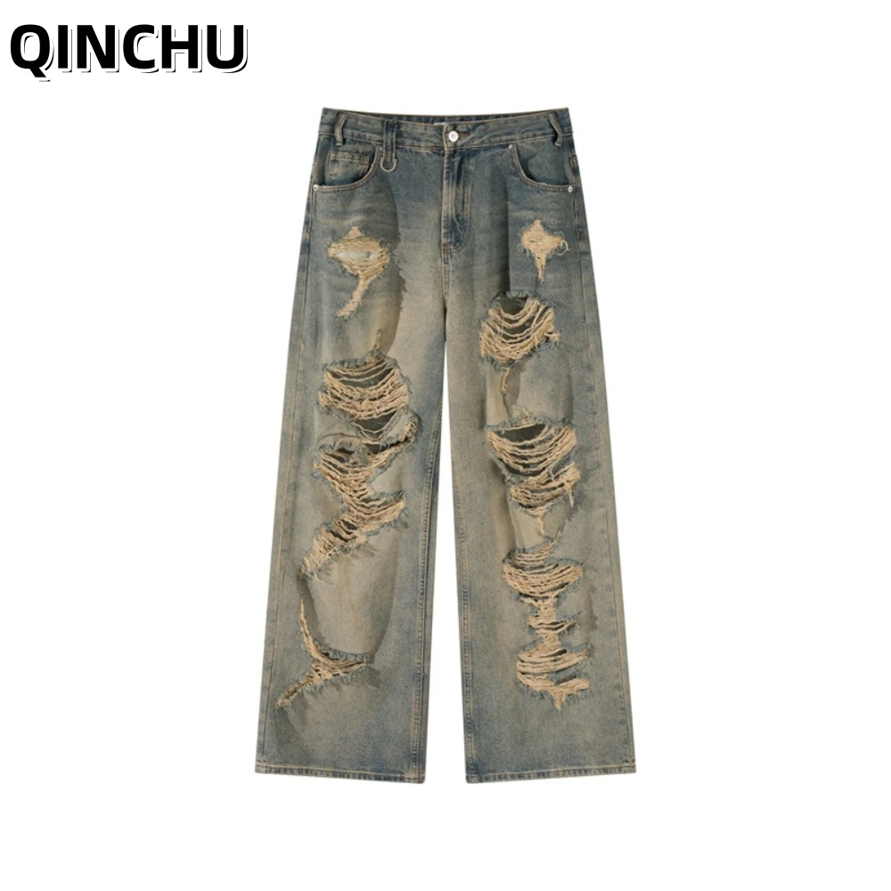 

Мужские рваные джинсы QINCHU: прямые, свободные, широкие штанины, в американском стиле, ретро, хлопковые, повседневные, мешковатые брюки