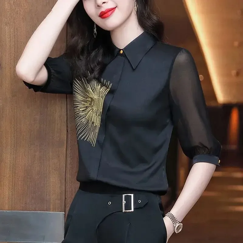 Elegant Commute Embroidery Spliced Solid Color Shirt Women\'s Clothing Loose Fashion Female Long Sleeve Single-breasted Blouse