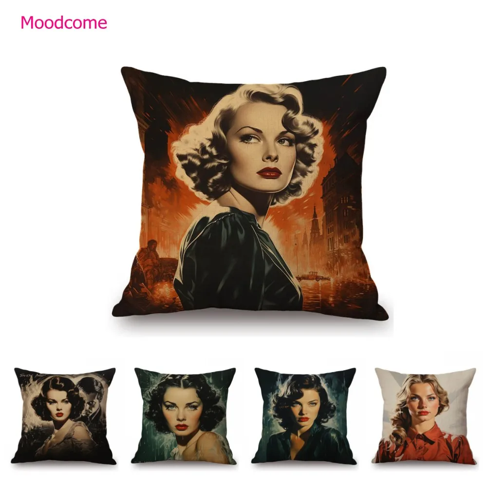 Vintage retro 1940's noir estilo filme cartaz bela mulher sofá decoração lance fronha de algodão linho capa de almofada