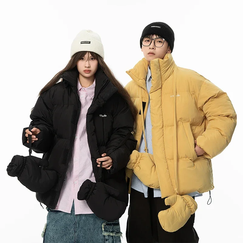 

Men Women Winter Thicken Padded Cotton Jacket with Gloves Parkas Warm Coat Campus Couple Loose Casual Jackets Outerwear