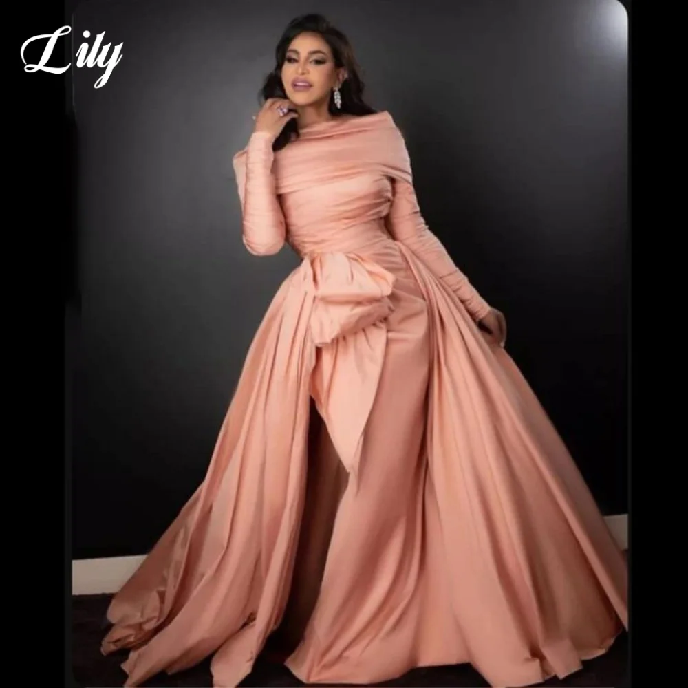 

Lily Elegant Long Sleeves Formal Gown A-Line Trailing Prom Dress Satin Simple Evening Dresses for Woman robes du soir Customized