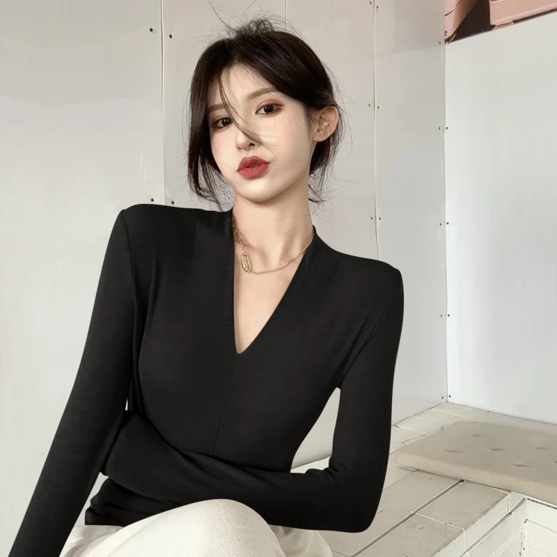 Senhoras longo sve v-ne veludo camiseta camada base quente simples sle commute faion inverno nova chegada interior wear topo