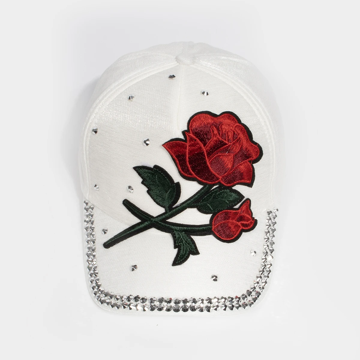 Damen Vintage Baseballkappe mit Großer Rosen-Dekoration Strass-Verzierung Modische Mütze Elegante Rosenblüten-Krone Kopfbedeckung Caps – Detail 13