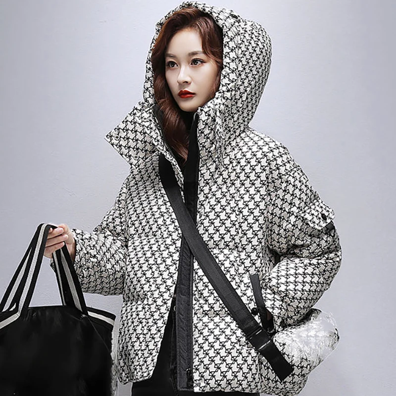 Hooded Print Women Short Bread Coat Winter Korean High Street Vintage Thicken Cotton Jacket Female Fashion Loose Warm Parkas