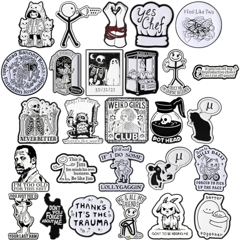 Coleção Preto e Branco: Pins de Esmalte, Broches de Gatinha, Emblemas de Esqueleto, Joias com Tema de Cafeteira - Presente para Amigos