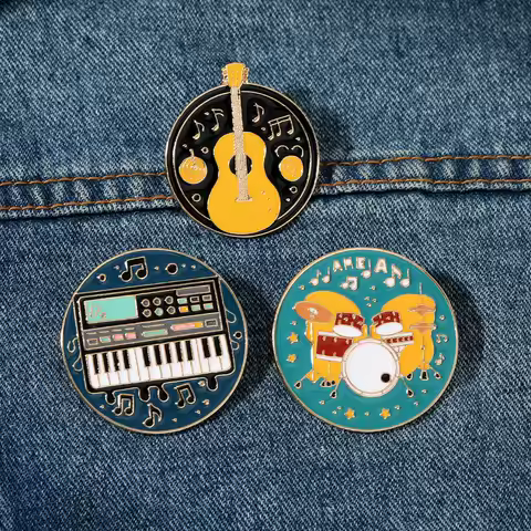 Funny Music Note And Musical Instruments Design Enamel Brooches Golden Drum, Guitar, Piano Pattern Round Pins