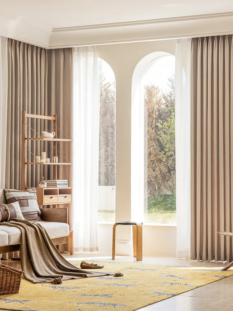 

Custom Size Blackout Curtains Bedroom Cotton and Linen French Light Luxury Bay Window Milk Tea Color Milk Coffee