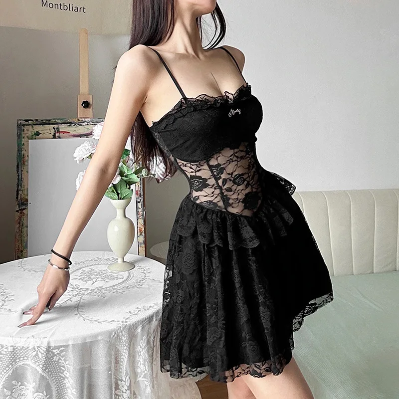 

AltGoth Sexy Nightclub Lace Dress Women Dark Goth Aesthetic Fairycore Grunge High Waist See Through Spaghetti Strap Dress Female