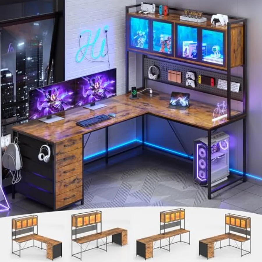 L Shaped Gaming Corner Desk with Drawers, Hutch and Storage Shelves for Home Office Use, Engineered Wood in Matte Black, Space-
