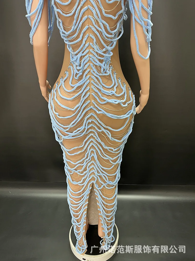 Design Wool Circle Nude Mesh Temperament Long Dress Model Catwalk Fashion Women's Party Dress Vestidos De Fiesta Elegante Señora