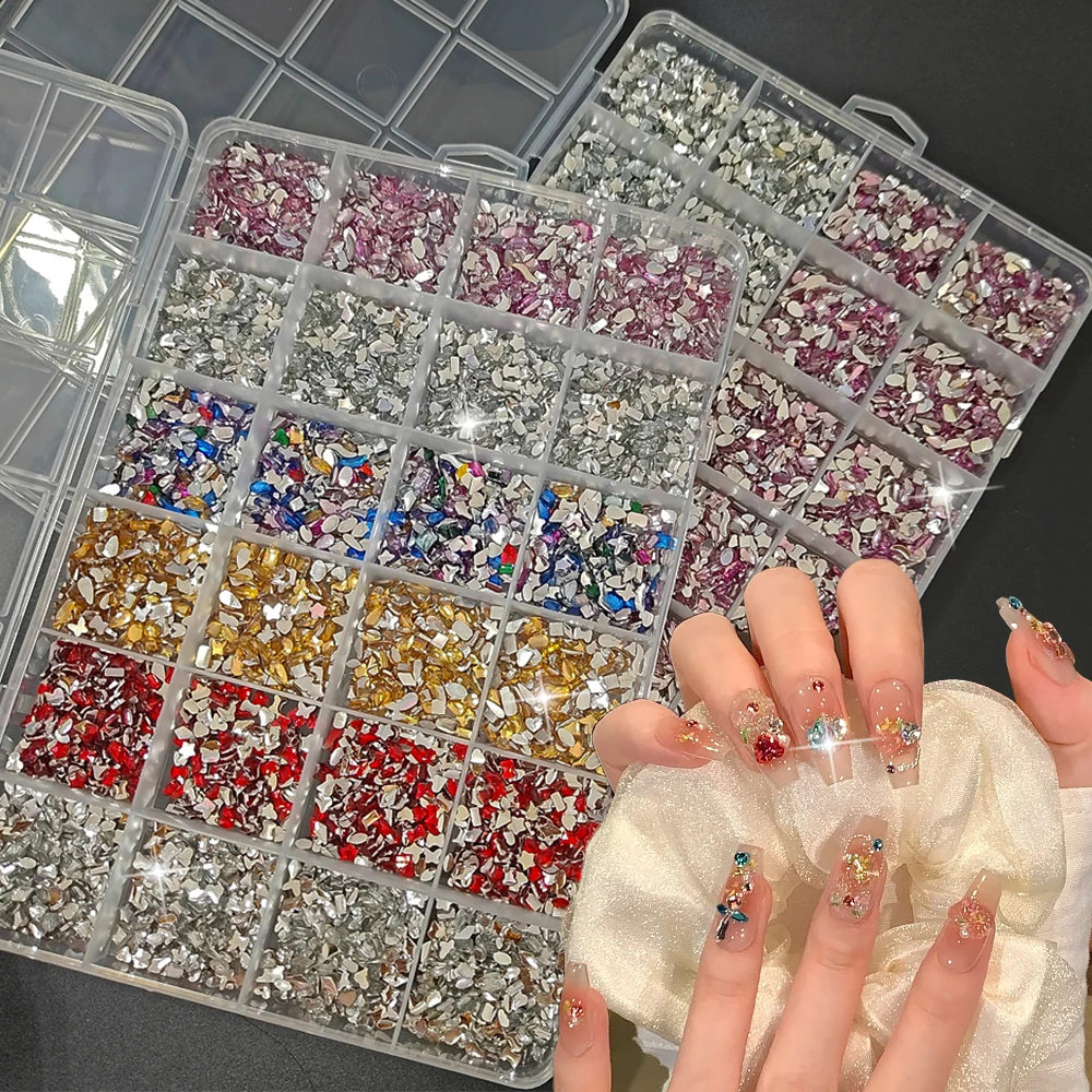 

Около 7500 шт. (24 сетки) красочные мини-подвески для ногтей неправильной формы со стразами 3D сверкающие плоские основы сердце/бабочка/звезда декор для ногтей