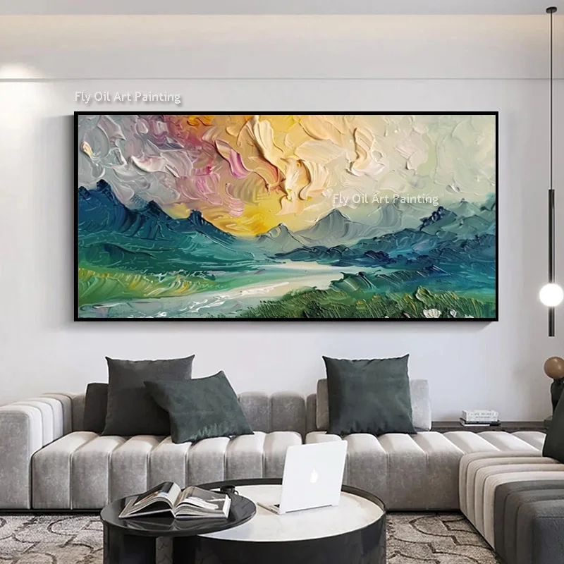 New Knife Thick Green Yellow Mountain Landscape Canvas Oil Painting Orginal Design Handpainted Blue Grey Beige Home Decor Items