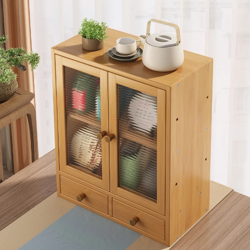 

Desktop Storage Cabinet, Minimalist Tea & Beverage Cabinet with Doors, Nanmu Bamboo Sideboard, Adjustable Multi-Hole Shelf
