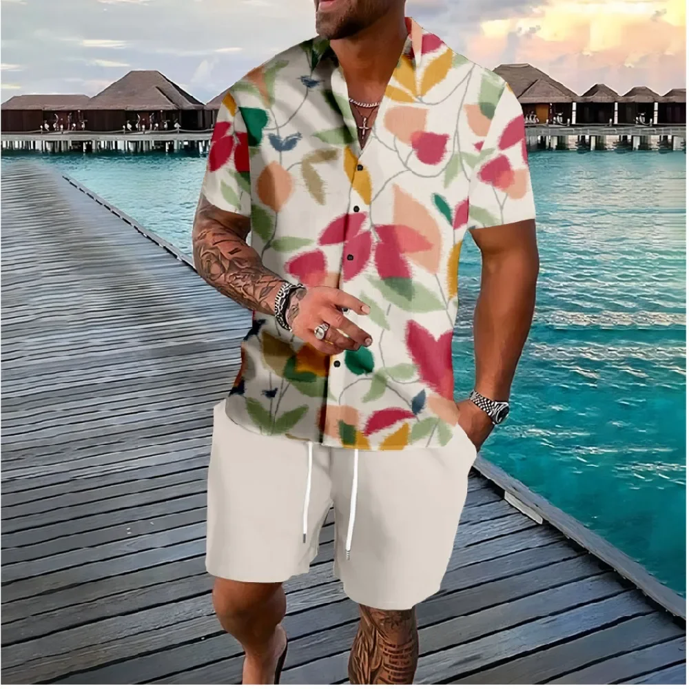 Fashion Color Leaf 3D Print Men Shirt Sets Short Sleeve Shirt Oversized Casual Beach Shorts Streetwear Hawaiian Suits Clothes