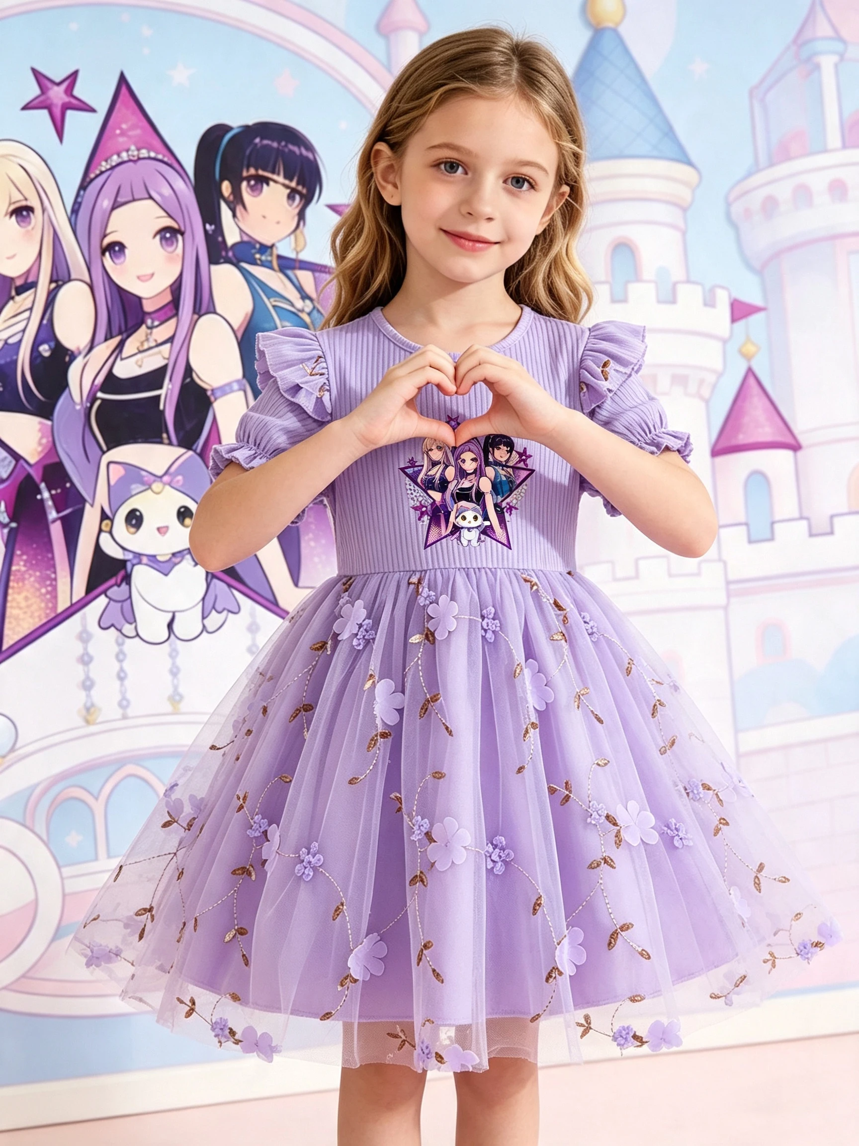 Girls' Cartoon Print Tulle Princess Dress, Purple Flutter Sleeve Puffy Dress with 3D Flowers, Kids Summer Short-Sleeve Dress
