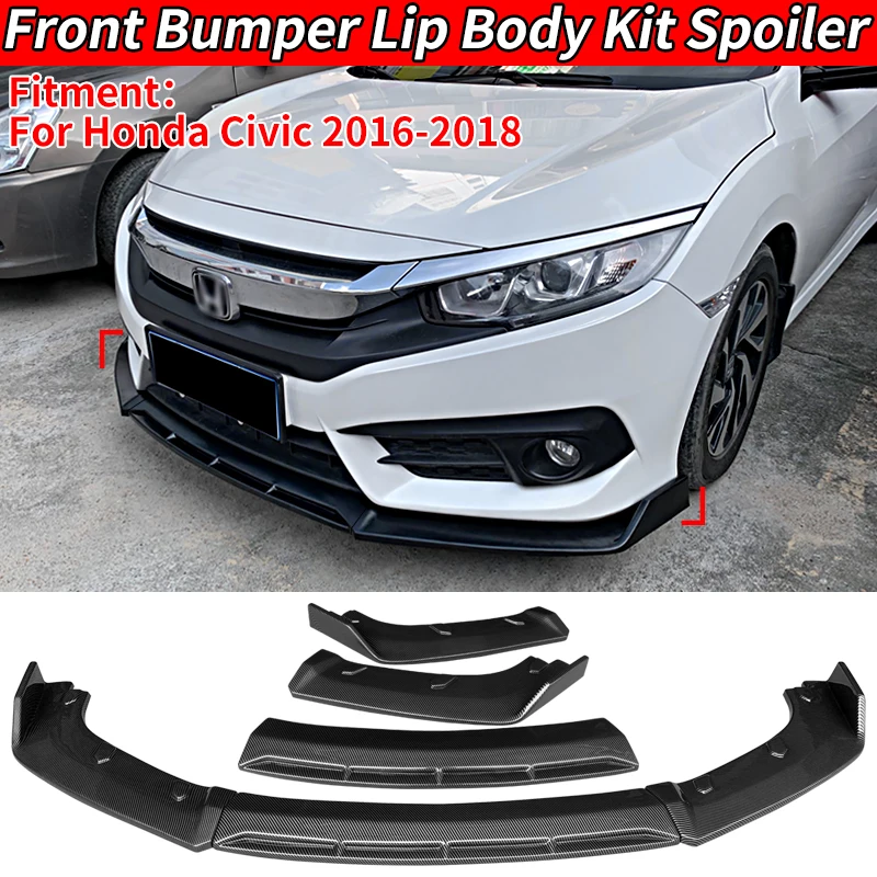 

For Honda Civic 2016-2018 Front Bumper Lip Spoiler Shovel Gloss Black Carbon Fiber Look Style Splitter Body Kit Car Accessories