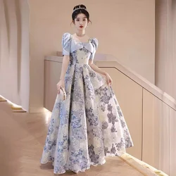 Light Luxury Women's Blue Evening Dress 2024 New Square Collar Slim Fit Floor Length A-Line Vestido Lace Up Bow Party Gown