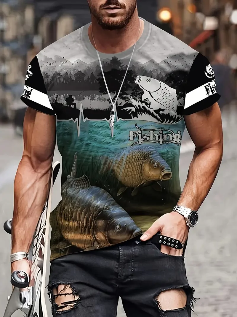 3D Fishing Printing, Men's Medium Elastic Breathable T-Shirt, Suitable for Outdoor Summer, Men's Gift