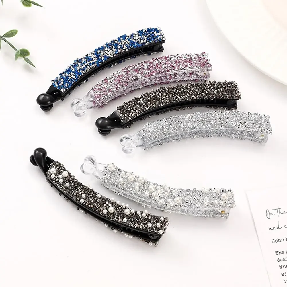 Sparkly Crystal Rhinestone Covered Banana Hair Clip for Women  Non-slip Hairpin Ponytail Holder Grips Clamp Hair Accessories