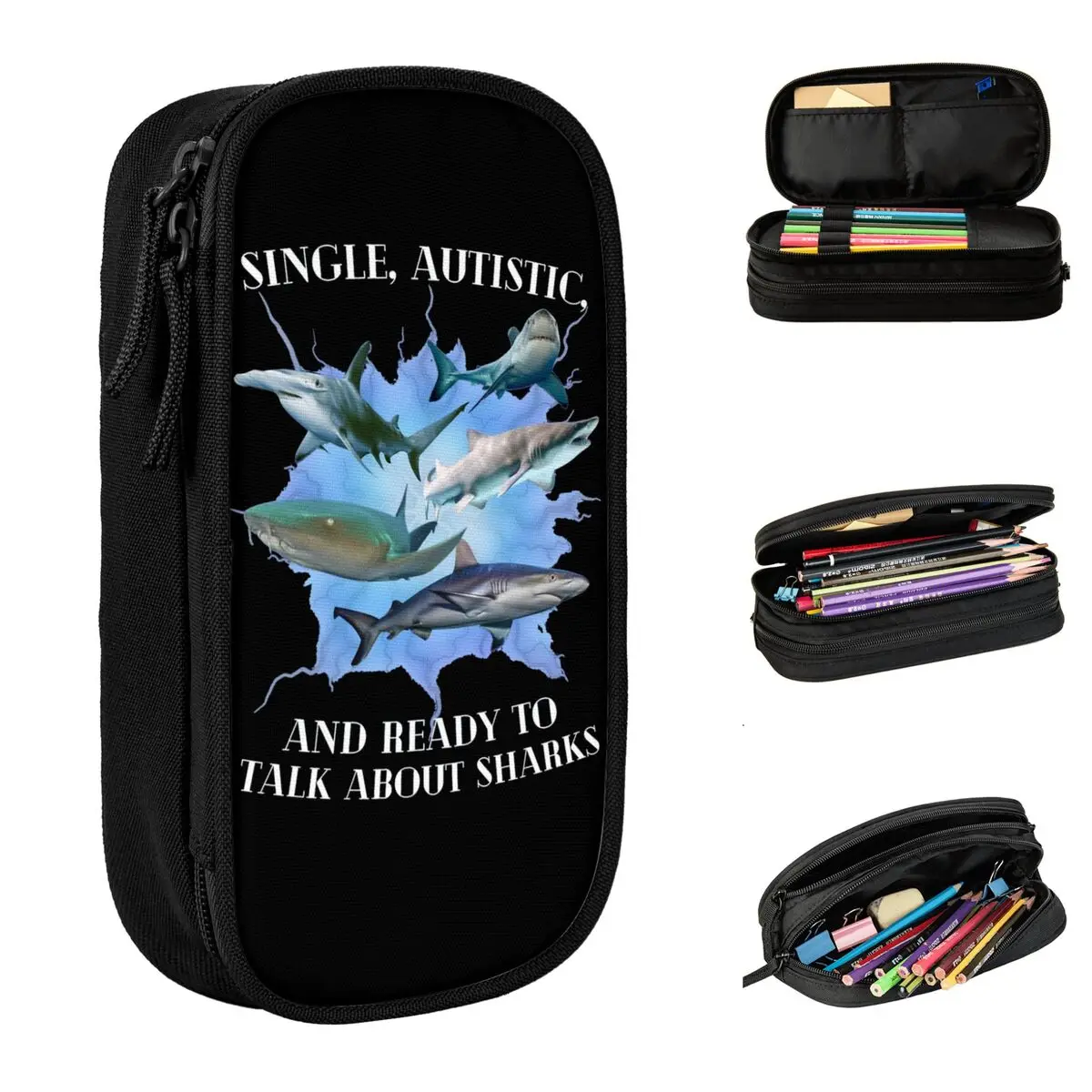 Lovely Single Autistic And Ready To Talk About Sharks Pencil Case Pencilcases Pen Holder Kids Storage Bag Students School Gifts