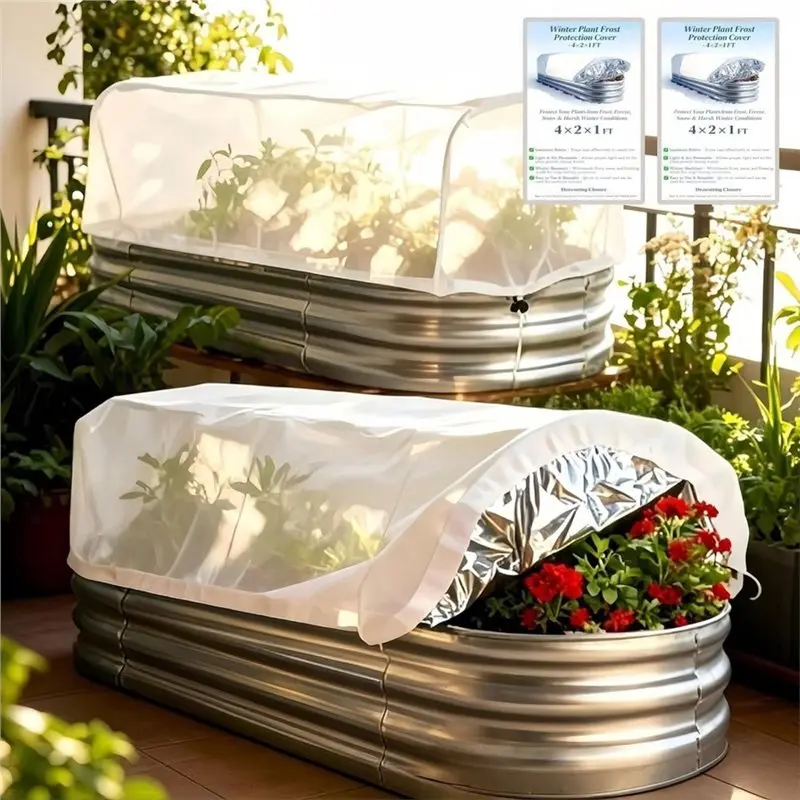 AAAN-Winter Frost Protection Plant Cover Thick Thermal Blanket For 4X2ft Raised Garden Bed Cold Guard Drawstring