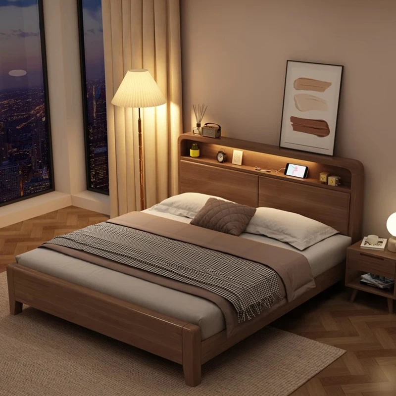 سرير جلدي أرضي، غرفة نوم أوروبية بسيطة، سرير مزدوج بحجم كينج، تصميم نوم، أثاث خشبي موفر للمساحة، أثاث عصري #6